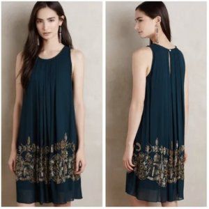 Teal Gold Beaded Dress Size 6P by Not So Serious/Anthropologie
